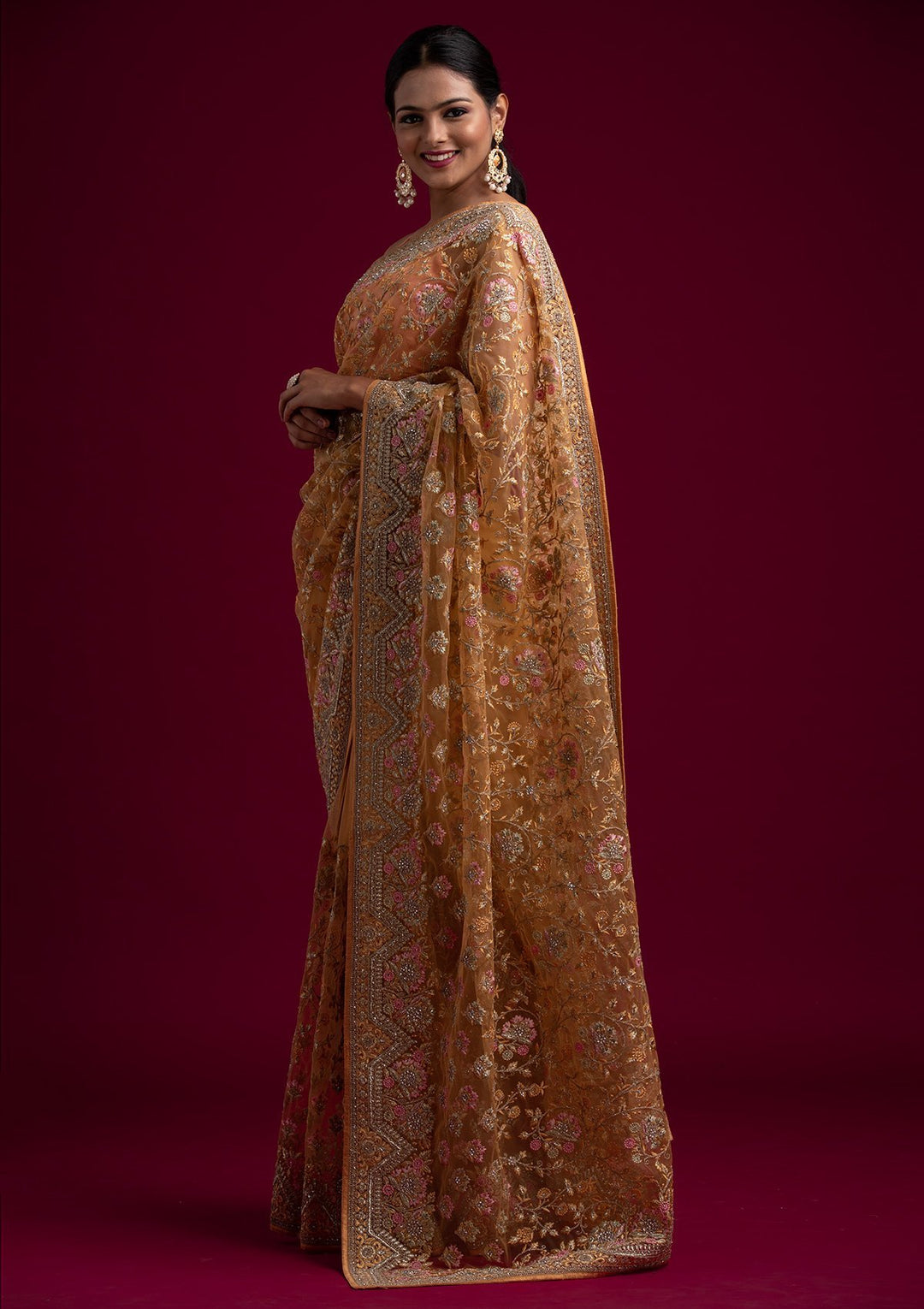 Mustard Zariwork Net Designer Saree - koskii