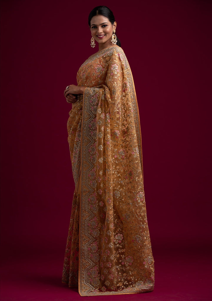 Mustard Zariwork Net Designer Saree - koskii