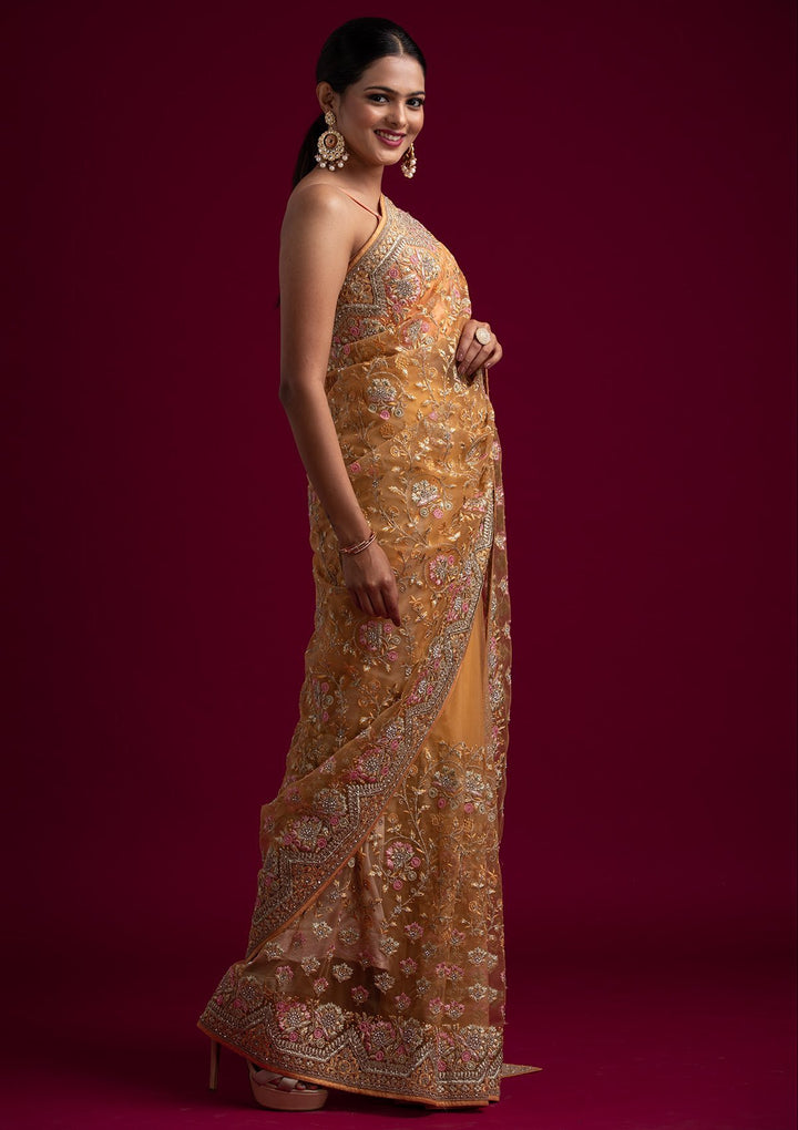 Mustard Zariwork Net Designer Saree - koskii