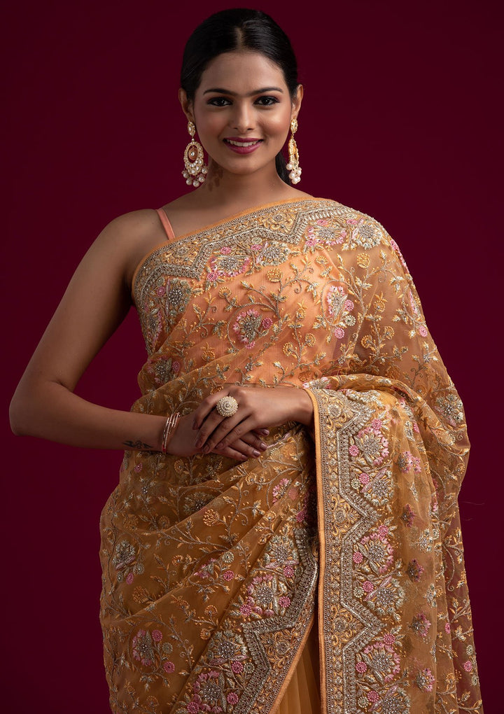 Mustard Zariwork Net Designer Saree - koskii