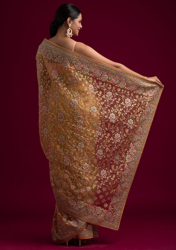 Mustard Zariwork Net Designer Saree - koskii