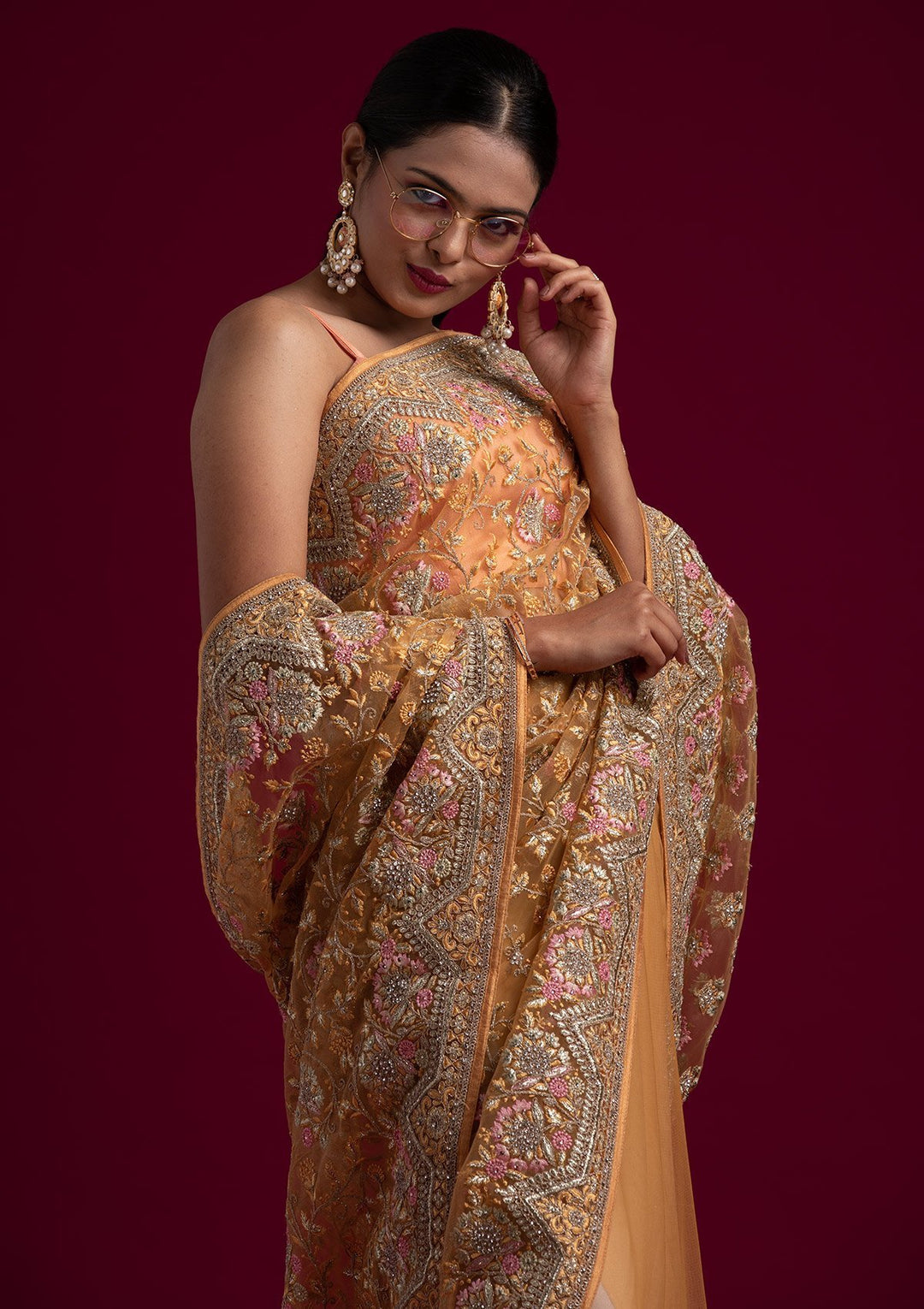 Mustard Zariwork Net Designer Saree - koskii