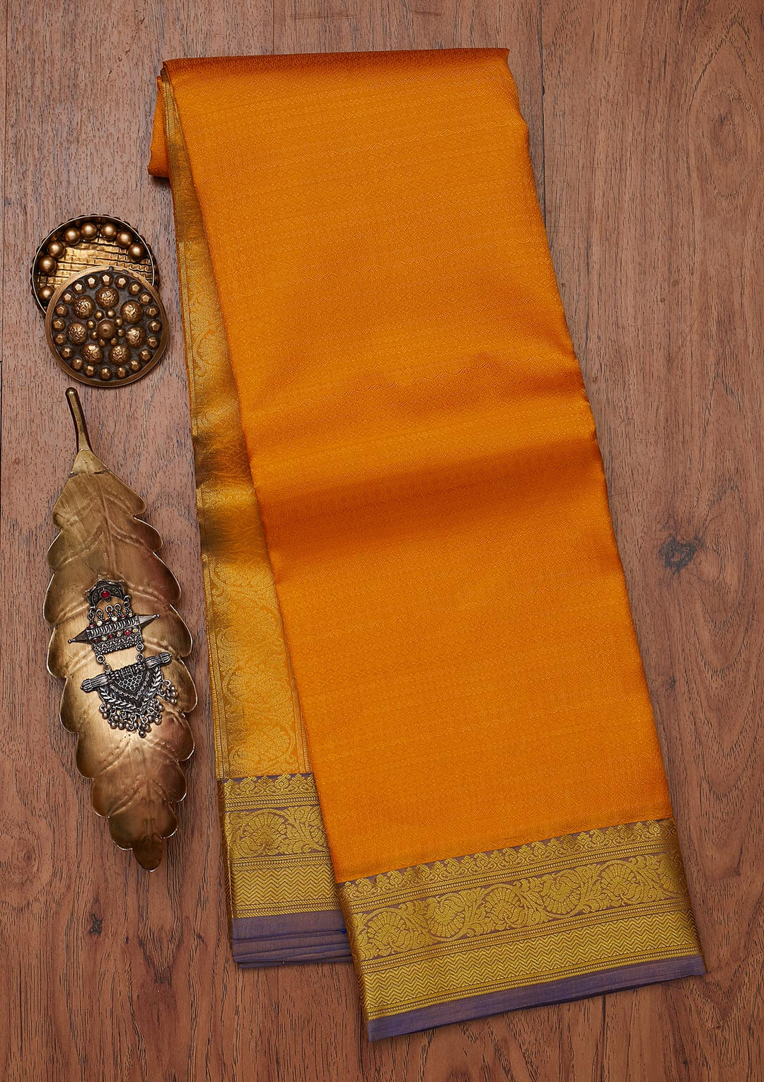 Mustard Zariwork Pure Silk Designer Unstitched Saree - Koskii