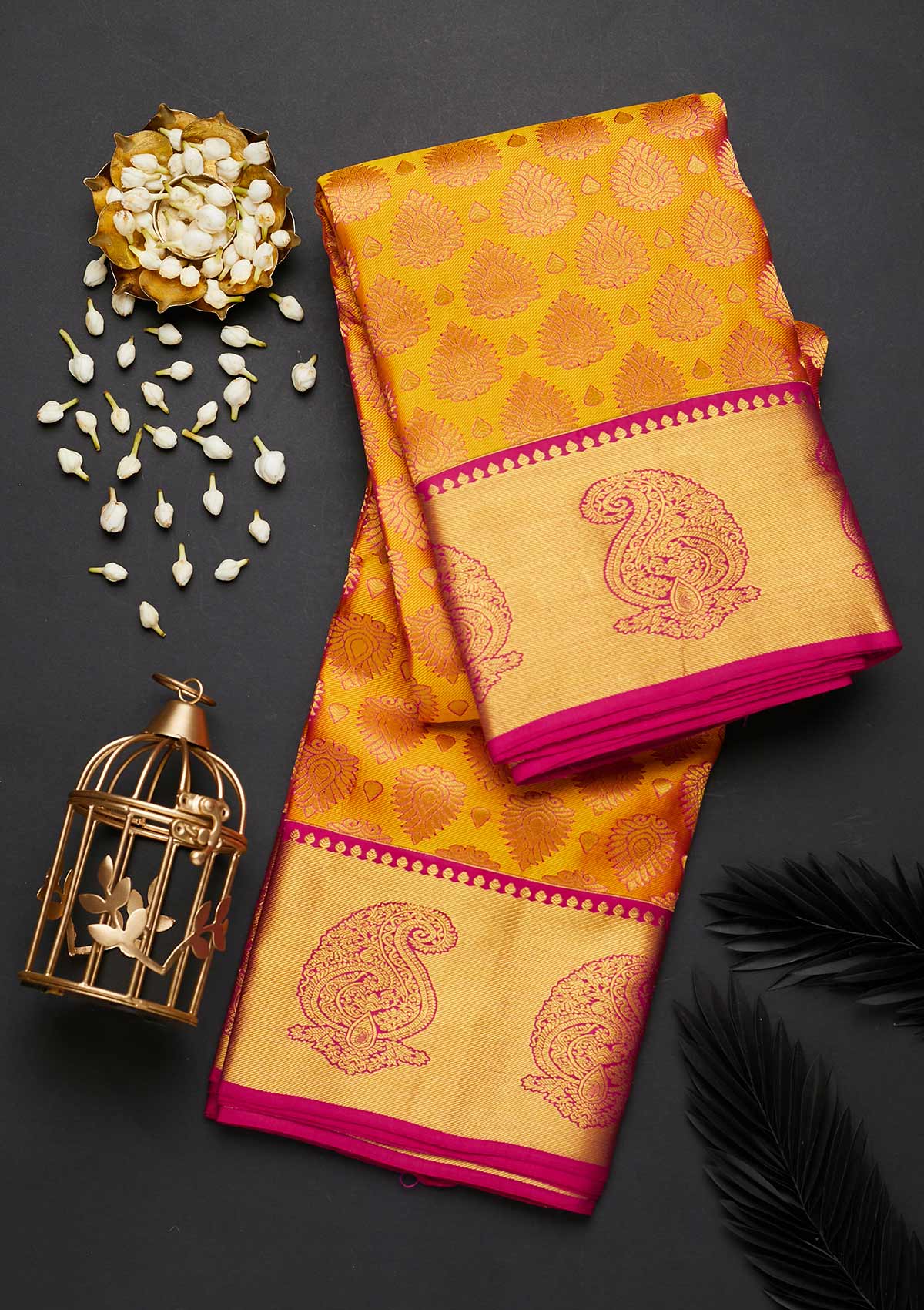 Mustard Zariwork Pure Silk Designer Saree - Koskii