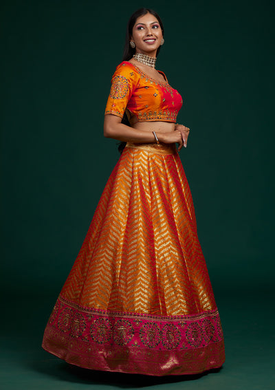 Mustard Zariwork Raw Silk Designer Lehenga-Koskii