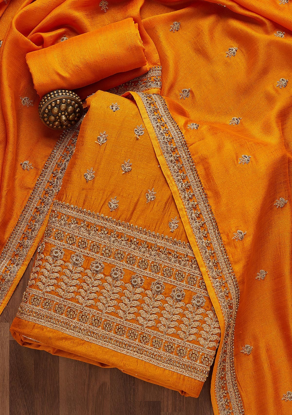 Mustard Zariwork Raw Silk Unstitched Salwar Suit- Koskii
