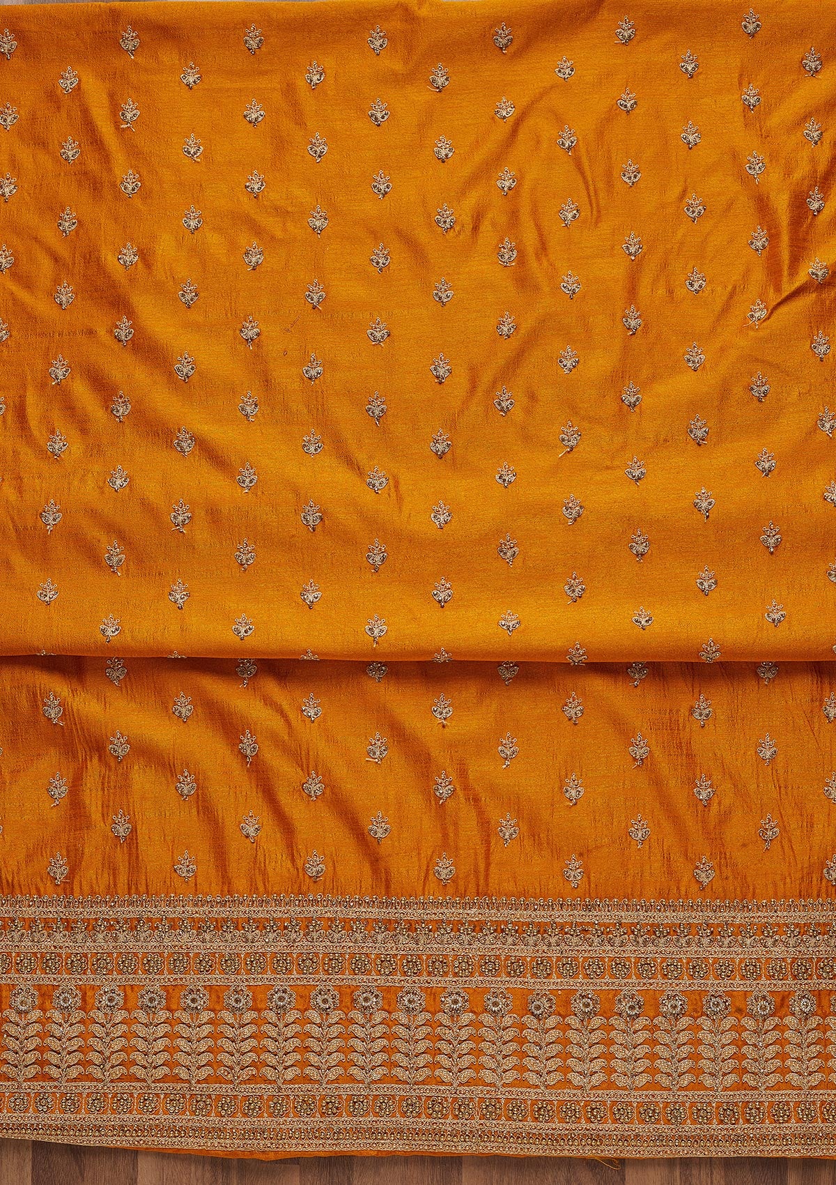 Mustard Zariwork Raw Silk Unstitched Salwar Suit - Koskii