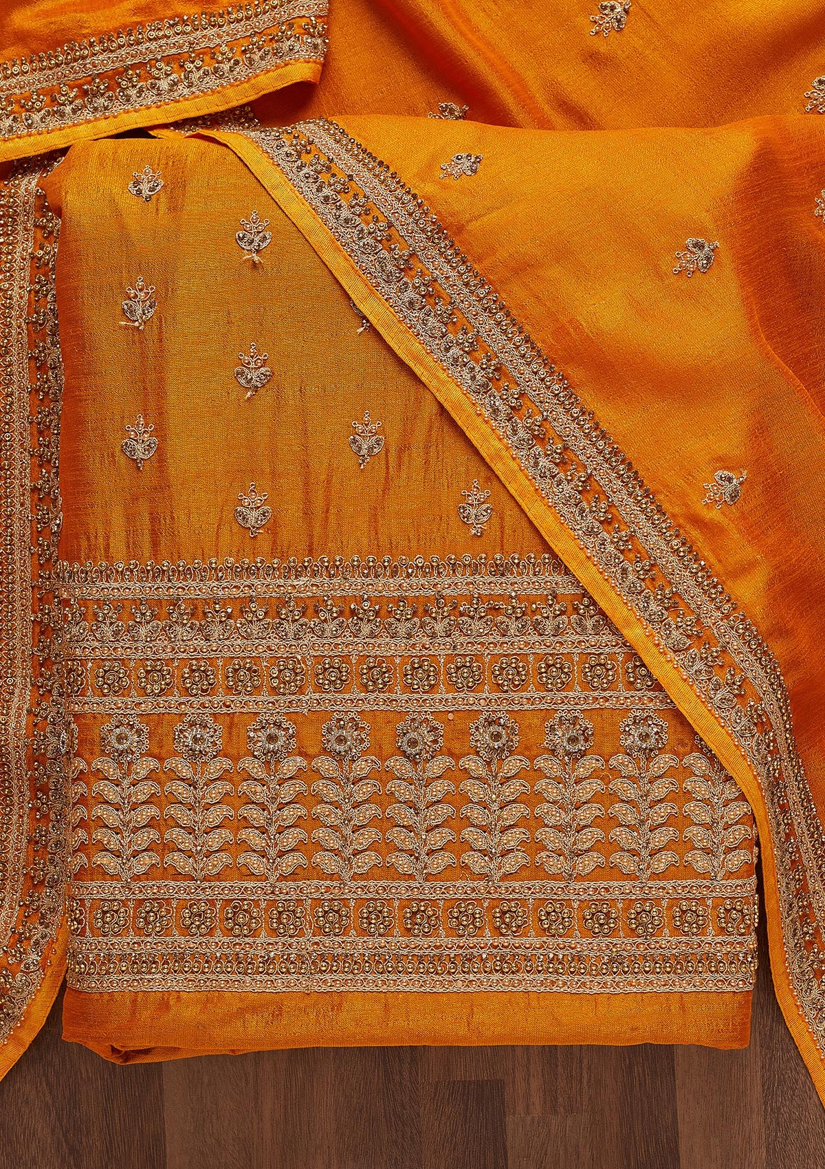 Mustard Zariwork Raw Silk Unstitched Salwar Suit - Koskii