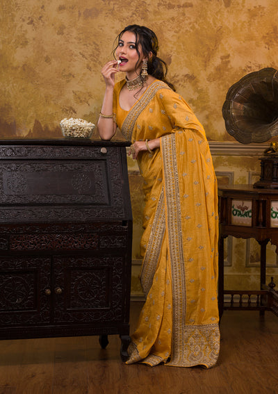 Mustard Zari Work Raw Silk Saree-Koskii