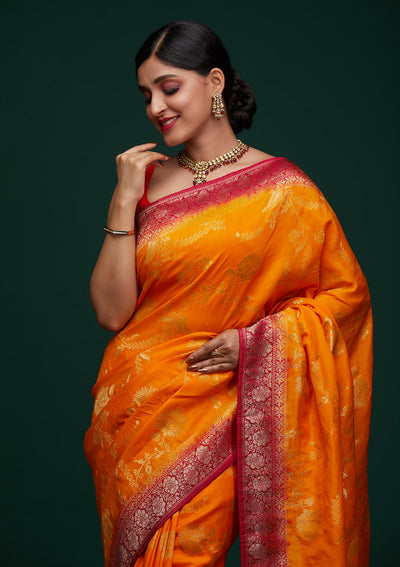 Mustard Zariwork Raw Silk Designer Saree - Koskii