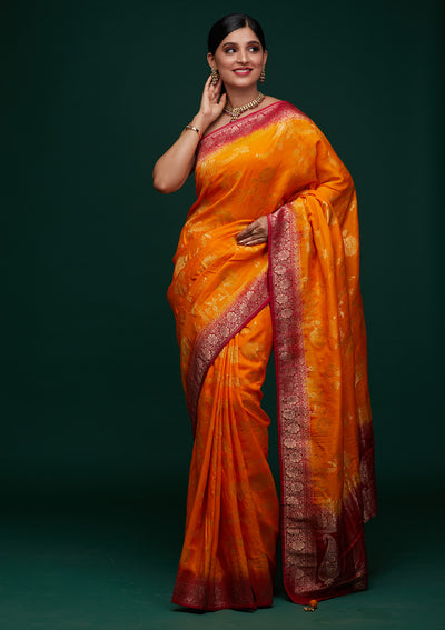 Mustard Zariwork Raw Silk Designer Saree - Koskii