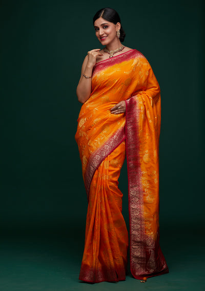 Mustard Zariwork Raw Silk Designer Saree - Koskii