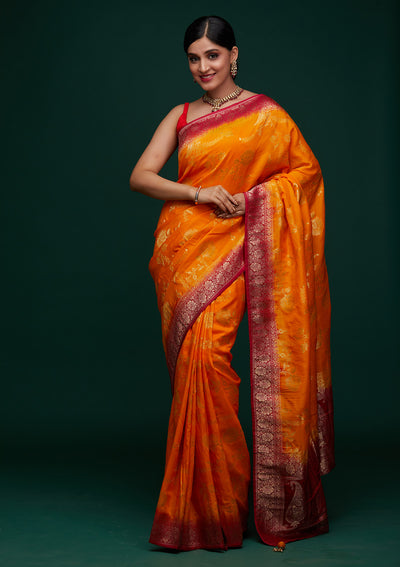 Mustard Zariwork Raw Silk Designer Saree - Koskii