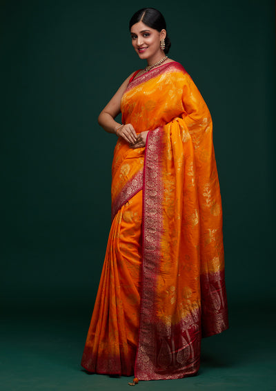Mustard Zariwork Raw Silk Designer Saree - Koskii