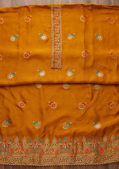 Mustard Zariwork Semi Crepe Semi-Stitched Salwar Suit-Koskii