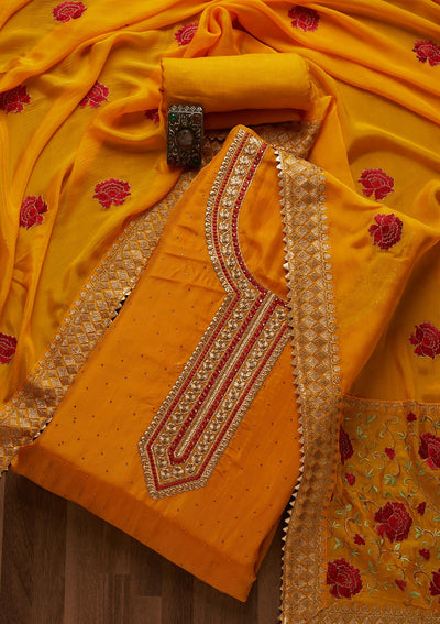 Mustard Zariwork Semi Crepe Unstitched Salwar Suit- Koskii