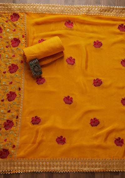 Mustard Zariwork Semi Crepe Unstitched Salwar Suit - Koskii