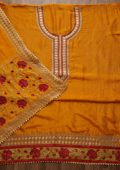 Mustard Zariwork Semi Crepe Unstitched Salwar Suit - Koskii