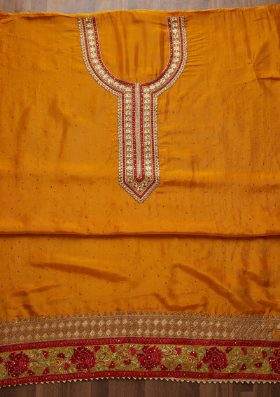 Mustard Zariwork Semi Crepe Unstitched Salwar Suit - Koskii