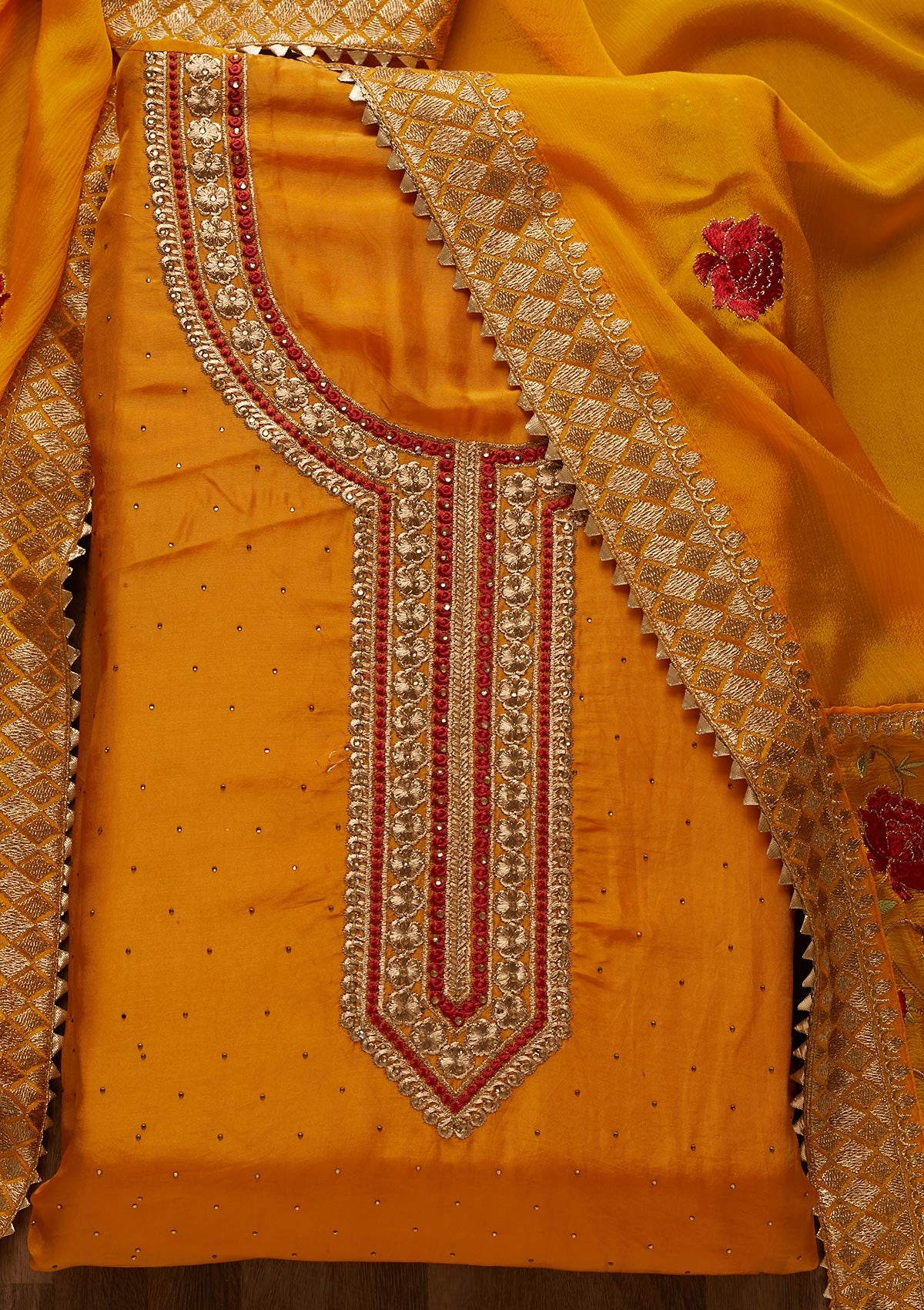 Mustard Zariwork Semi Crepe Unstitched Salwar Suit - Koskii