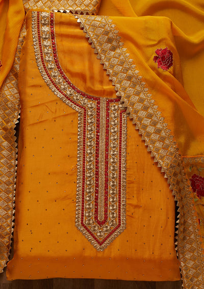 Mustard Zariwork Semi Crepe Unstitched Salwar Suit - Koskii