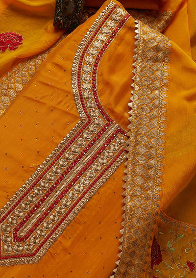 Mustard Zariwork Semi Crepe Unstitched Salwar Suit - Koskii