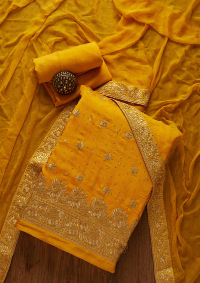 Mustard Zariwork Semi Crepe Designer Unstitched Salwar Suit - koskii