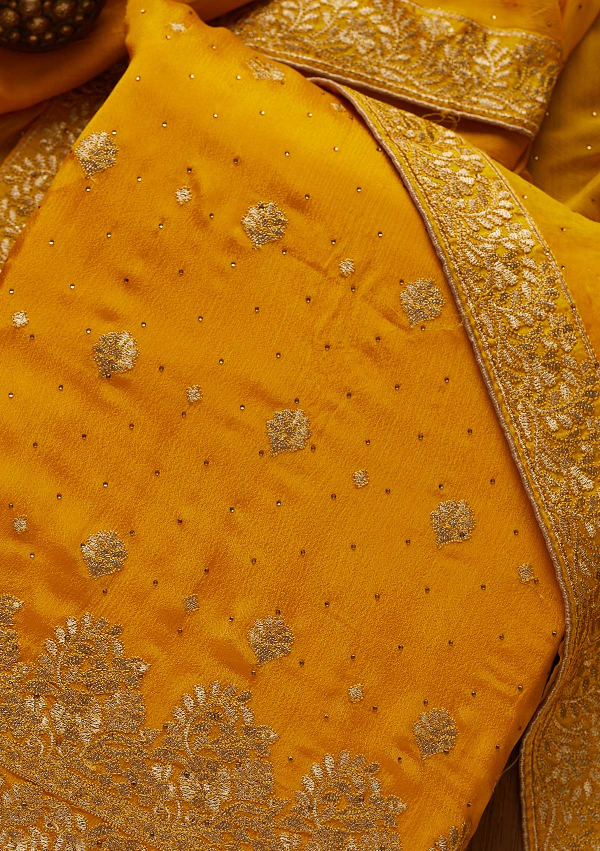 Mustard Zariwork Semi Crepe Designer Unstitched Salwar Suit - koskii