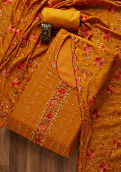 Mustard Zariwork Semi Crepe Unstitched Salwar Suit-Koskii