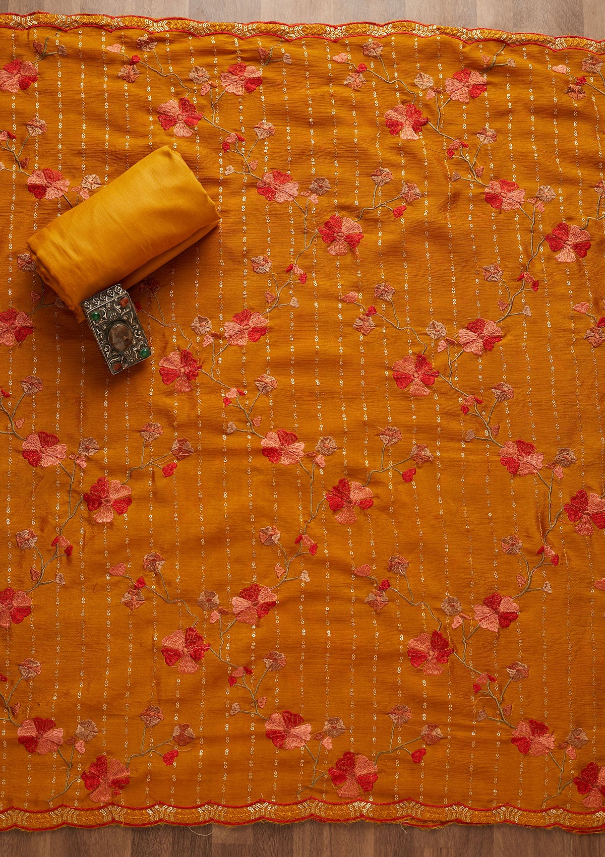 Mustard Zariwork Semi Crepe Unstitched Salwar Suit-Koskii
