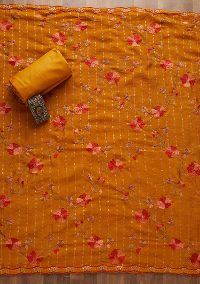 Mustard Zariwork Semi Crepe Unstitched Salwar Suit-Koskii