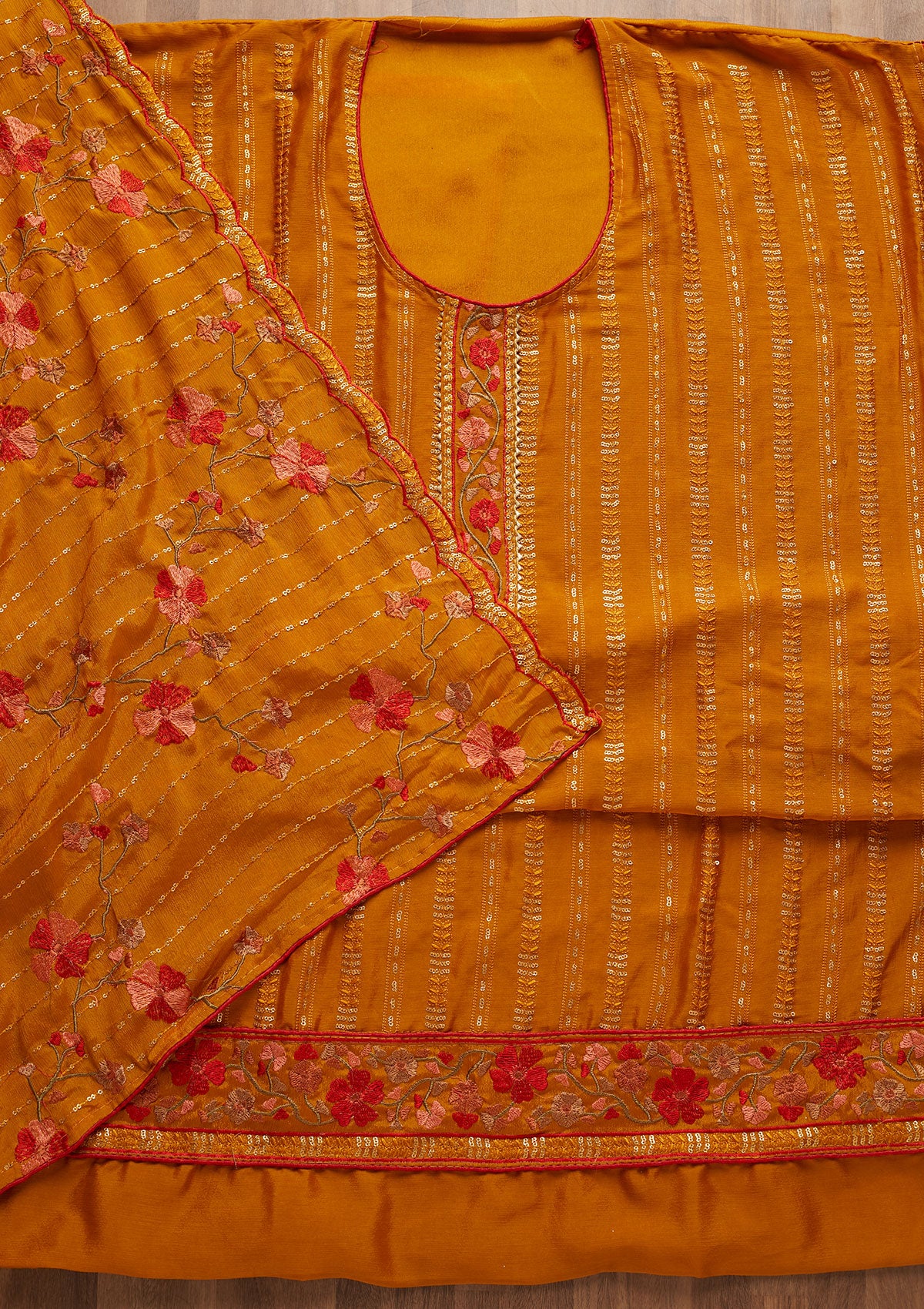 Mustard Zariwork Semi Crepe Unstitched Salwar Suit-Koskii