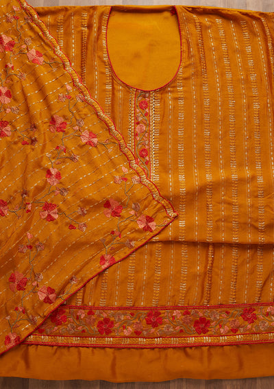 Mustard Zariwork Semi Crepe Unstitched Salwar Suit-Koskii