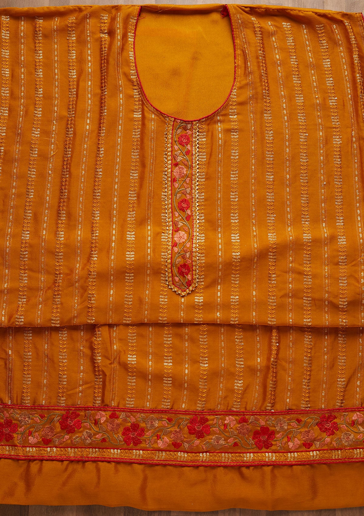 Mustard Zariwork Semi Crepe Unstitched Salwar Suit-Koskii