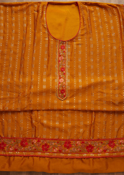 Mustard Zariwork Semi Crepe Unstitched Salwar Suit-Koskii