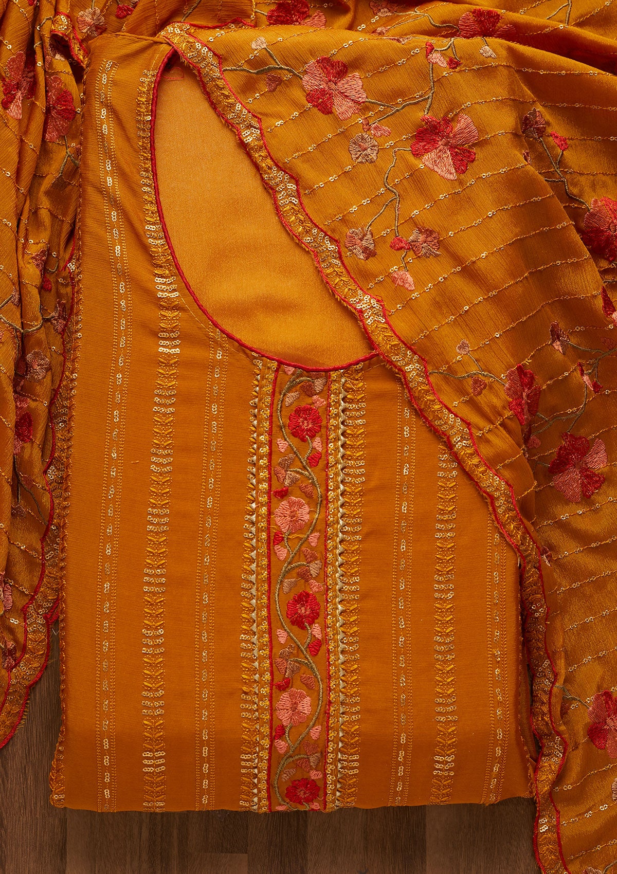 Mustard Zariwork Semi Crepe Unstitched Salwar Suit-Koskii