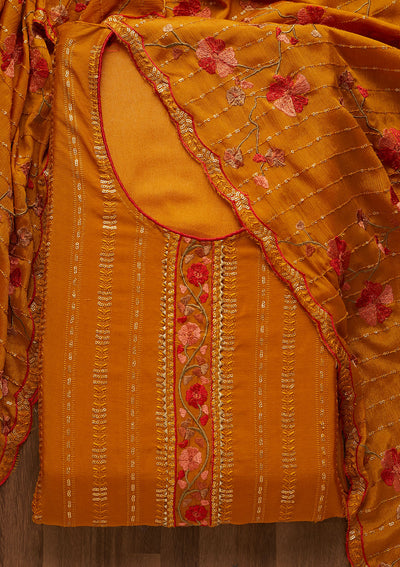 Mustard Zariwork Semi Crepe Unstitched Salwar Suit-Koskii