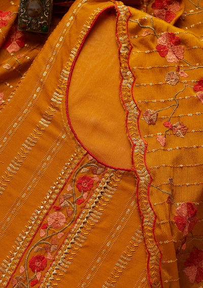Mustard Zariwork Semi Crepe Unstitched Salwar Suit-Koskii