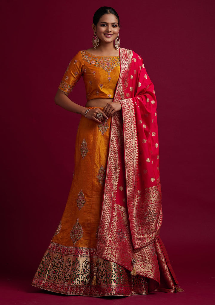 Mustard Zariwork Shimmer Designer Semi-Stitched Lehenga - koskii