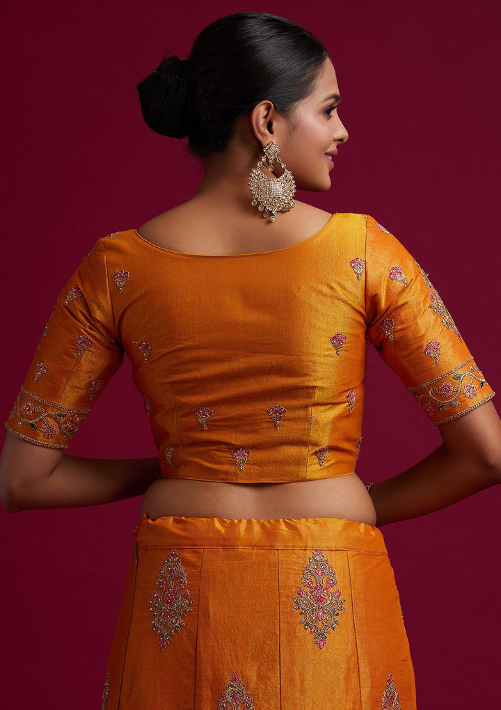 Mustard Zariwork Shimmer Designer Semi-Stitched Lehenga - koskii