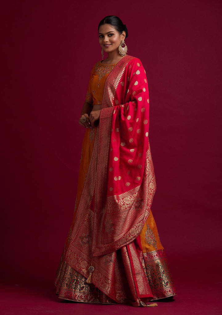Mustard Zariwork Shimmer Designer Semi-Stitched Lehenga - koskii