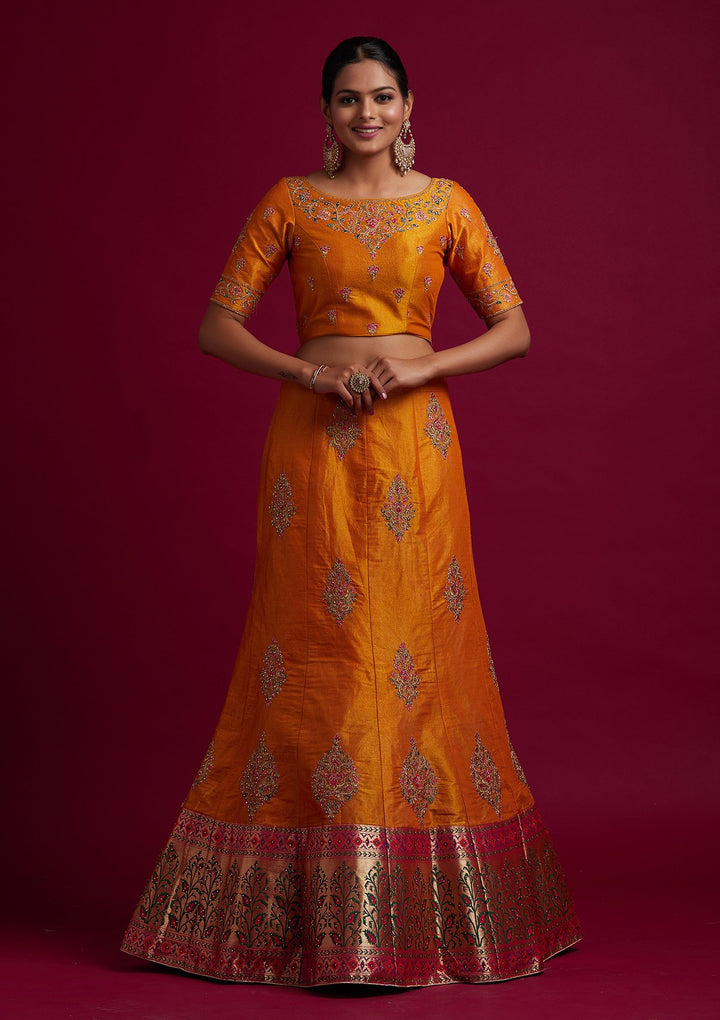 Mustard Zariwork Shimmer Designer Semi-Stitched Lehenga - koskii