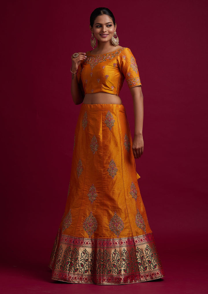 Mustard Zariwork Shimmer Designer Semi-Stitched Lehenga - koskii