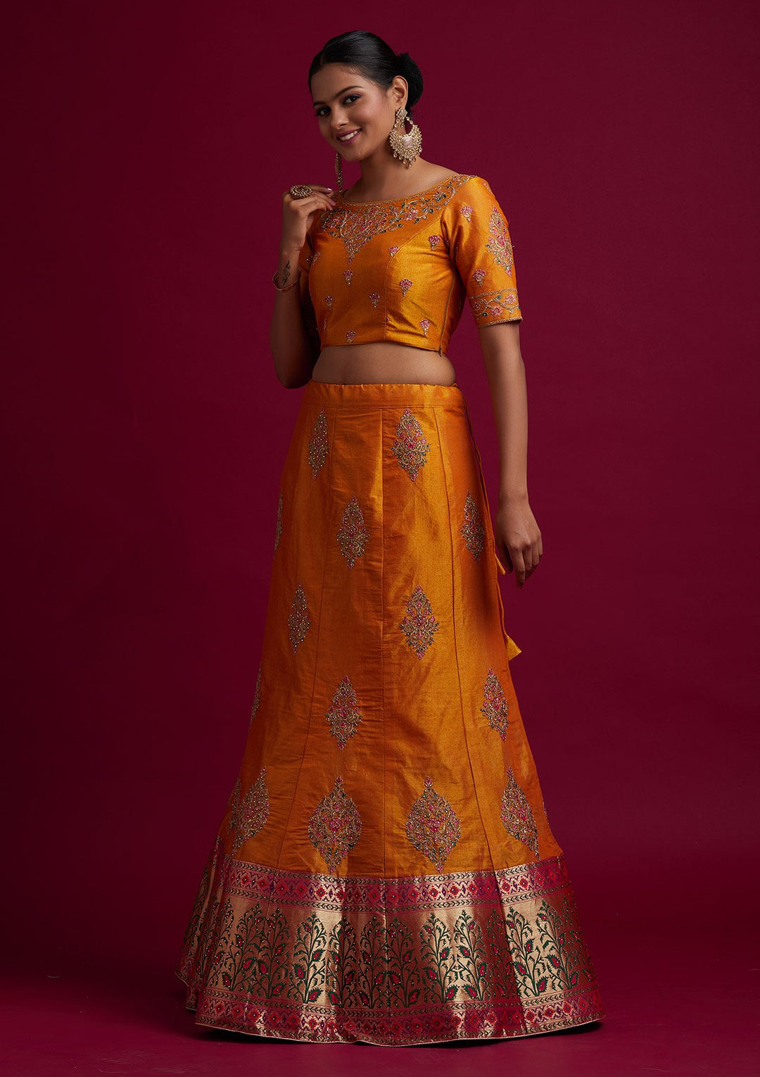Mustard Zariwork Shimmer Designer Semi-Stitched Lehenga - koskii
