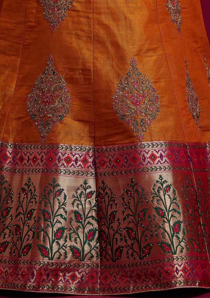 Mustard Zariwork Shimmer Designer Semi-Stitched Lehenga - koskii