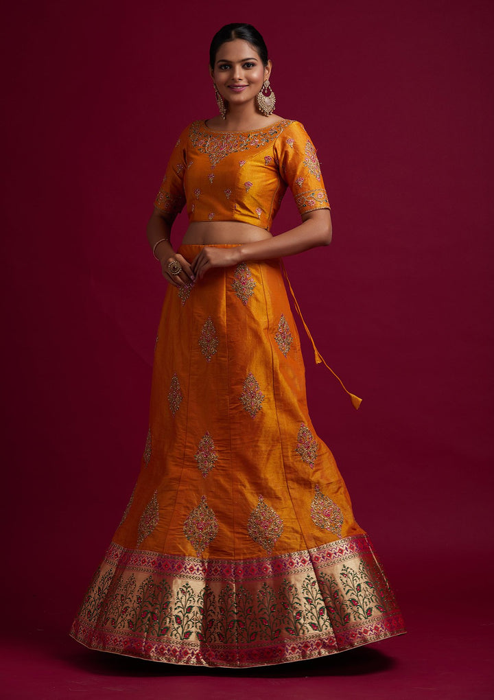 Mustard Zariwork Shimmer Designer Semi-Stitched Lehenga - koskii