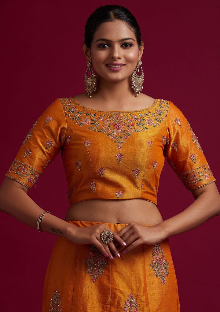 Mustard Zariwork Shimmer Designer Semi-Stitched Lehenga - koskii