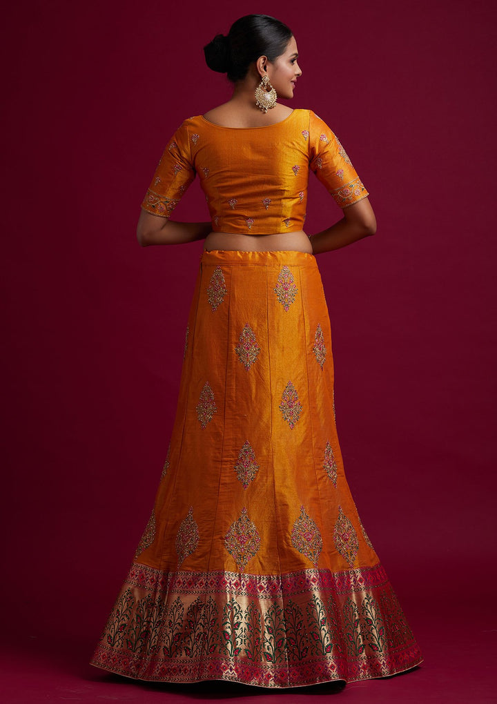 Mustard Zariwork Shimmer Designer Semi-Stitched Lehenga - koskii