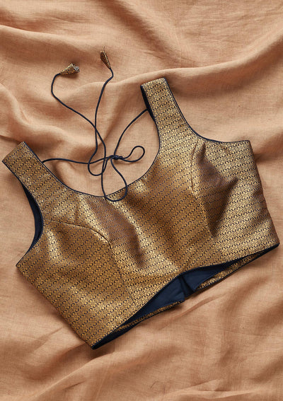 Navy Blue Zariwork Brocade Blouse- Koskii