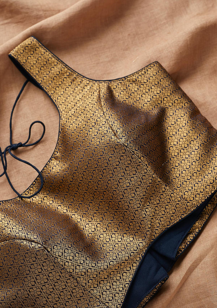 Navy Blue Zariwork Brocade Blouse - Koskii